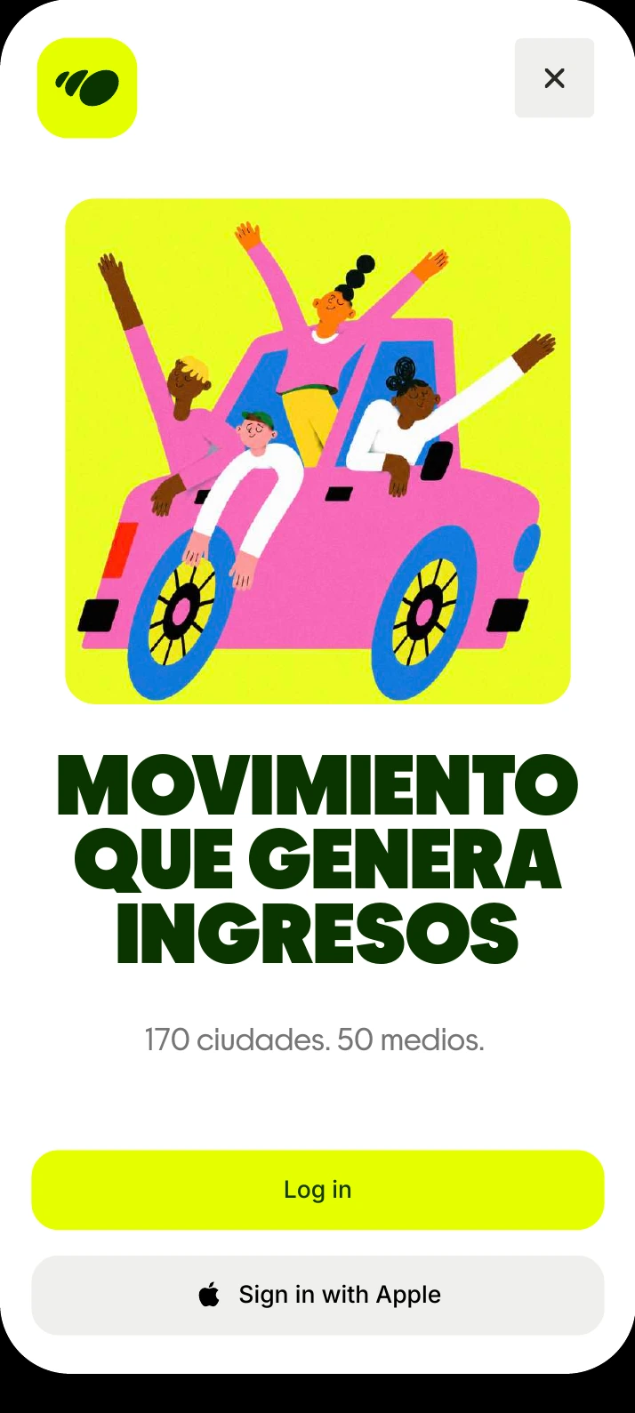 Pantalla de acceso de la app de movilidad compartida