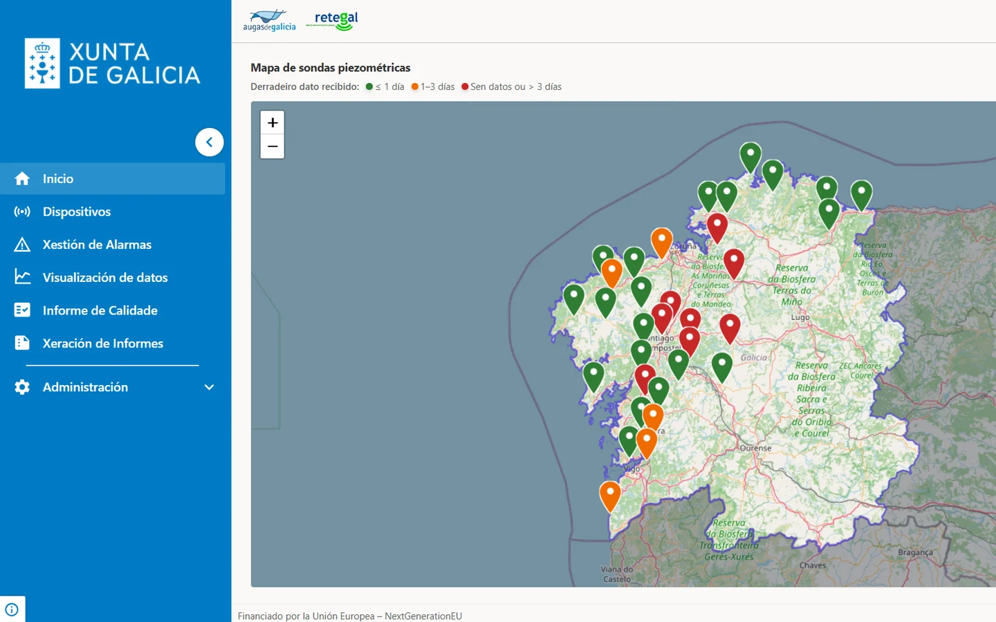 Mapa de sondas piezométricas de la red de Augas de Galicia